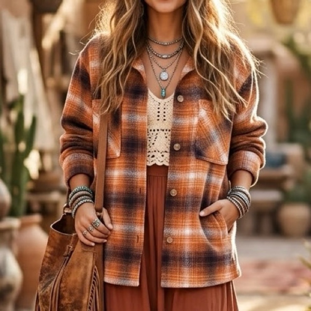 Buffalo David Bitton Plaid Shacket Jacket Rust Orange Brown Cabincore Boho Chic